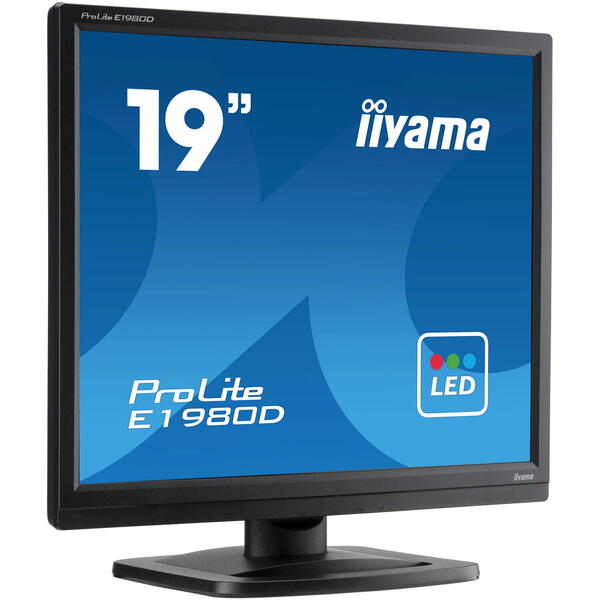 Monitor iiyama E1980D-B1, 1280 x 1024 SXGA, 19", 5:4, 60 Hz, 5 ms, D-Sub (VGA) x1 DVI x1, clasa E, Negru