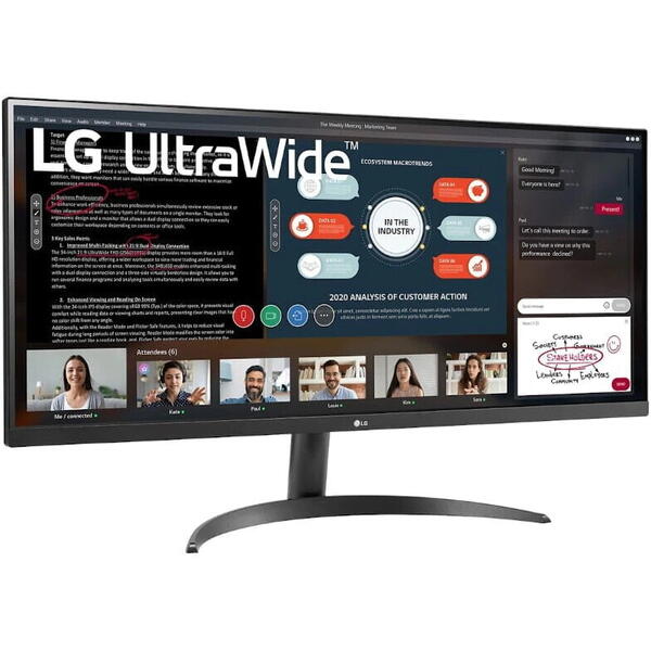 Monitor LG 34WP500-B, 2560 x 1080 UWHD, 34", 21:9, 75 Hz, 5 ms, HDMI x2, clasa F
