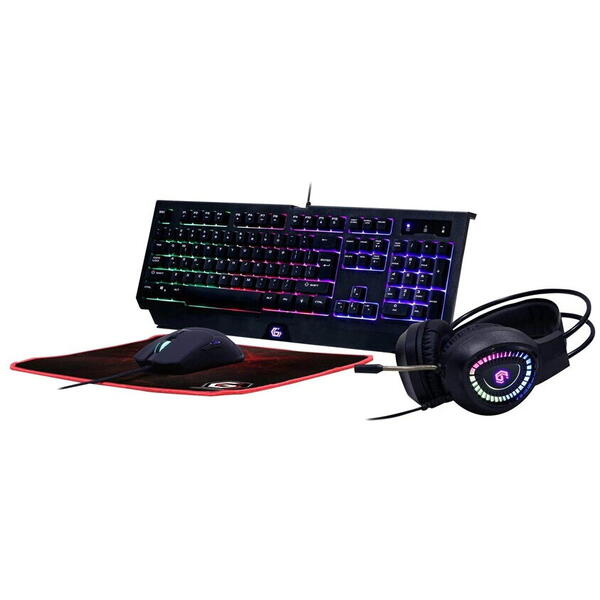 Set gaming tastatura, mouse, casti si mousepad Gembird GGS-UMGL4-01-RU, cu cablu, iluminat RGB, RU layout
