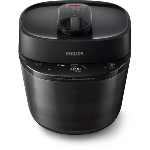 Philips All-in-One MultiCooker cu gatire sub presiune HD2151/40, 1000W, capacitate 5l, 35 programe pre setate, gatire rapida, eliberarea presiunii, personalizarea etapelor de gatit, app NutriU, Negru