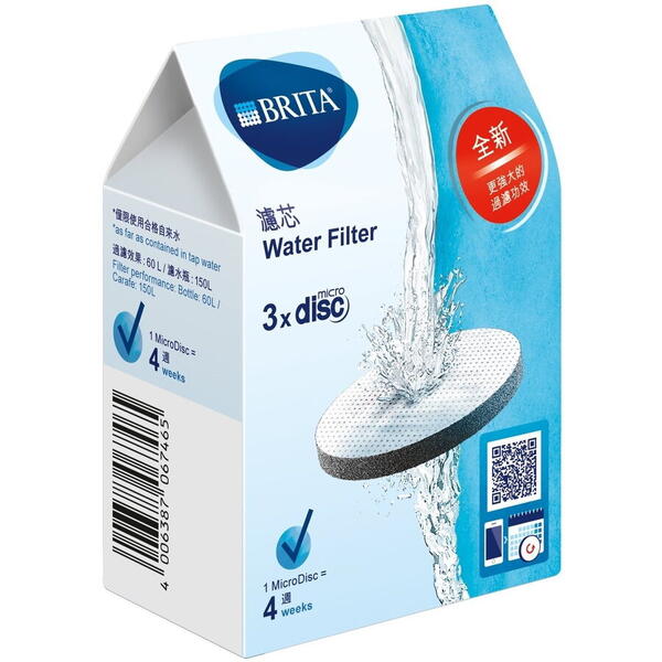 Set de 3 filtre BRITA MicroDisc BR1020107, 1 cartus 4 saptamani sau aprox 150l, Reduce cantitatea de clor, plumb si cupru, Previne depunerile de calcar