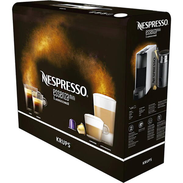 Pachet Espressor Nesspreso Essenza Mini by Krups, 1310 W, 19 bar, 0.6 L, Negru + Aparat spumare lapte Aeroccino 3, 1450 W, Negru