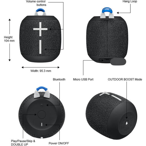 Logitech Boxa portabila Ultimate Ears WONDERBOOM 2, Rezistenta la apa IP67, Bluetooth, Mod Outdoor, Autonomie 13 ore, Deep Space Black
