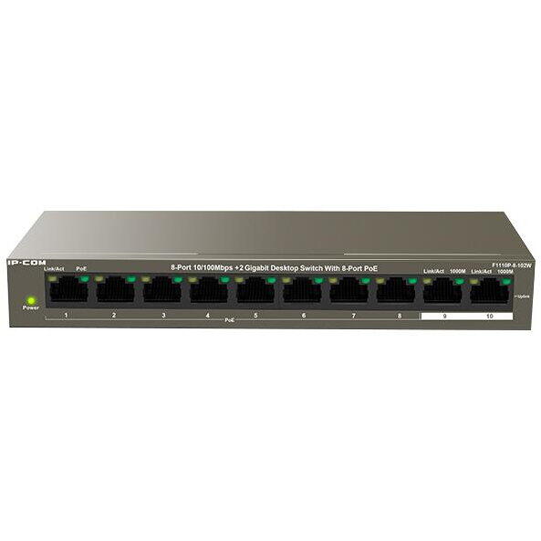 IP-COM Switch PoE IPCOM F1110P-8-102W,10porturi, 8*PoE 10/100 Mbps+ 2*Gigabit uplink, sursa 102W, mod CCTV 250M, protectie fulgere ,6kV lighting protection