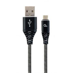 Cablu de date Gembird Premium cotton braided, USB 2.0 - micro USB, 2m, Negru-Alb