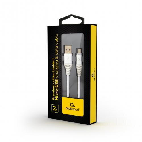 Cablu de date Gembird Premium cotton braided, USB 2.0 - micro USB, 2m, Alb
