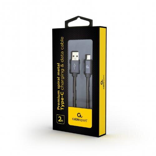 Cablu de date Gembird Premium Spiral Metal, USB - micro USB, 2m, Gri