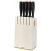 Set 5 cutite + suport de lemn Fiskars Functional Form, otel inoxidabil, Black/White