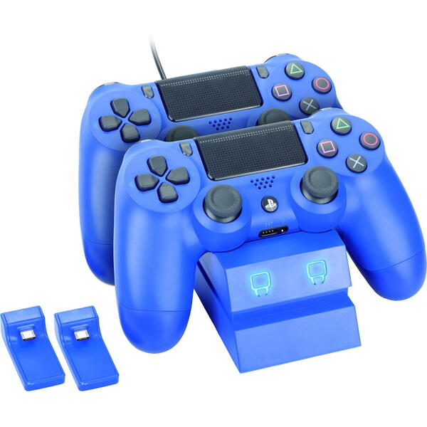 Statie de incarcare dubla controller PlayStation4 Venom VS2738, Micro USB, LED, Albastru mat