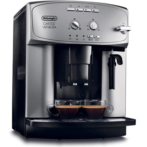 Espressor automat DeLonghi Caffè Venezia ESAM 2200.S EX:1, 1450W, 15bari, 1.8l, Spumare manuala, Rasnita silentioasa din inox, Boabe/Macinata, Control aroma, Argintiu