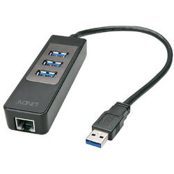 Hub USB LINDY 3 porturi, USB 3.0 + Gigabit Ethernet, Negru
