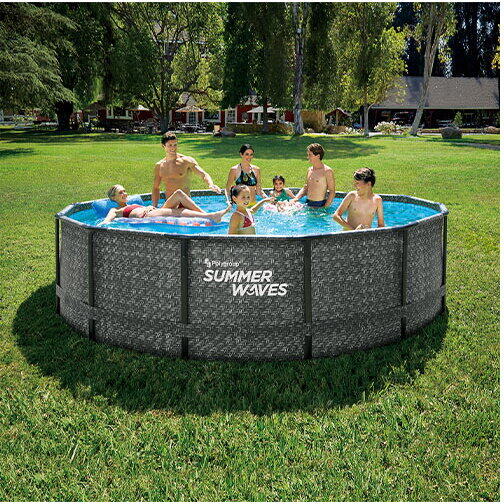 Polygroup Set piscina supraterana demontabila Summer Waves cu cadru metalic 427 x 107 cm, cu pompa de filtrare, scara, husa si kit de curatare, model ratan, culoare gri
