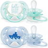 Set 2 suzete Philips-AVENT SCF222/01 Ultra Soft, ultramoale si flexibila, pentru pielea sensibila a bebelusului, ortodontica, 0-6 luni, Albastru/Verde