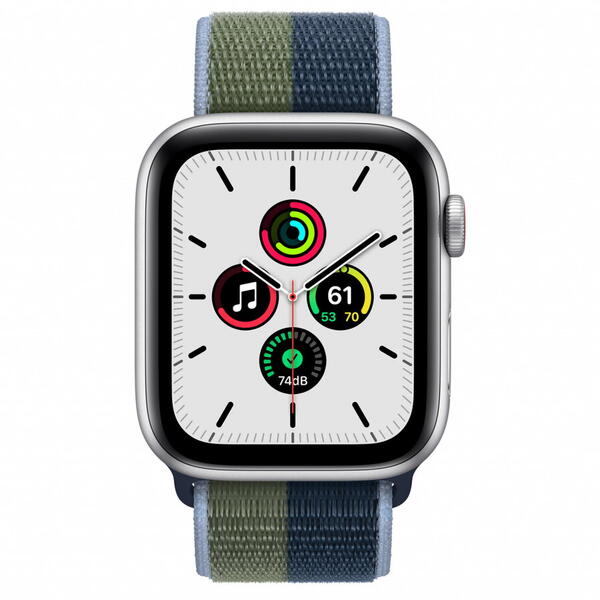Apple Watch SE, Cellular, Carcasa Aluminium 44mm Silver, Abyss Blue/Moss Green Sport Loop