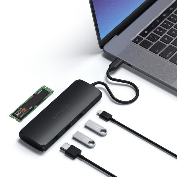 Hub hibrid USB-C Satechi din aluminiu, compartiment SSD, HDMI 4K, 2 x USB-A 3.1 Gen 2 pâna la 10 Gbps, Negru