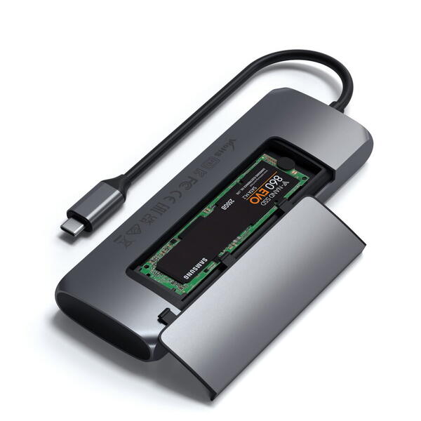 Hub hibrid USB-C Satechi din aluminiu, compartiment SSD, HDMI 4K, 2 x USB-A 3.1 Gen 2 pâna la 10 Gbps, Gri spatial