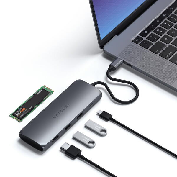 Hub hibrid USB-C Satechi din aluminiu, compartiment SSD, HDMI 4K, 2 x USB-A 3.1 Gen 2 pâna la 10 Gbps, Gri spatial