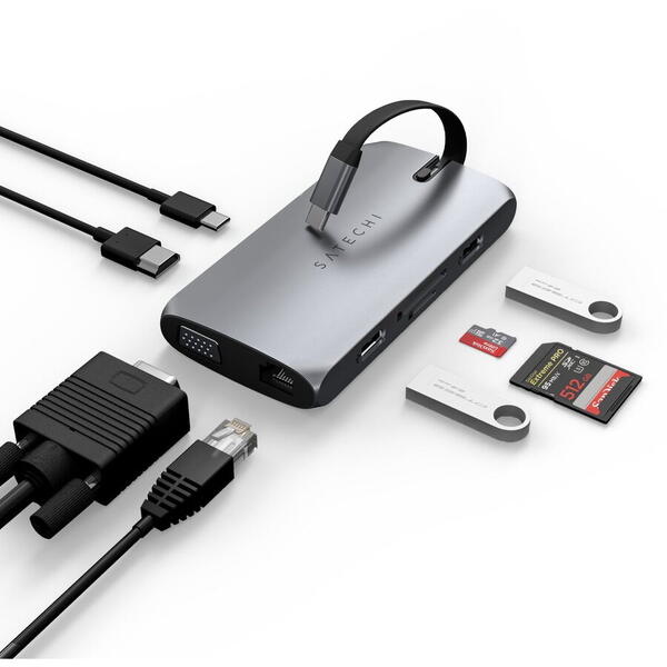 Adaptor multiport Satechi On the go 1xUSB-C PD charging, 1x G.Ethernet, 1x 4K HDMI, 1x VGA,1x USB-A, 1x USB-C, micro/SD, Gri spatial