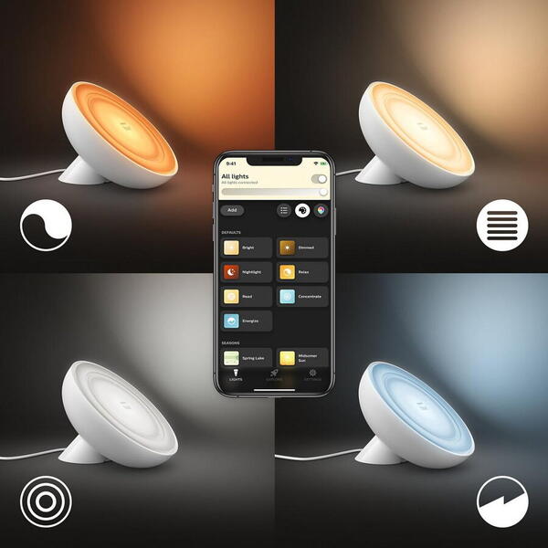 Lampa de masa LED RGBW integrat Philips New Hue Bloom (gen4), ZigBee Light Link, Bluetooth, 7.1W, 500 lm, lumina ambianta alba si color, Alb