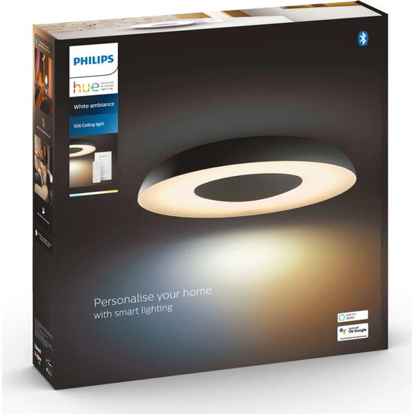Plafoniera LED inteligenta Philips Hue Still, Bluetooth, Zigbee Light Link, cu intrerupator inclus, 22.5W (204W), 2500 lm, lumina ambianta alba (2200-6500K), IP20, metal/plastic, 39.1 cm, Negru