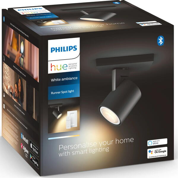 Spot inteligent Philips Hue Runner, Bluetooth, ZigBee Light Link, GU10, 5W (50W), 350 lm, ambianta alba, comenzi vocale, metal, Negru