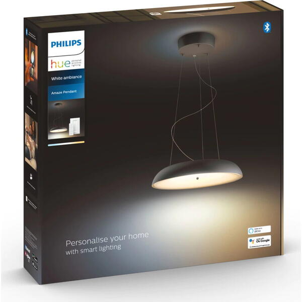 Pendul LED inteligent Philips Hue Amaze, Bluetooth, Zigbee Light Link, cu intrerupator inclus, 25W (204W), 2900 lm, lumina ambianta alba (2200-6500K), 43.4 cm, Negru