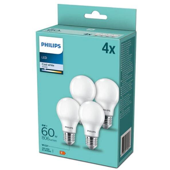 Pachet 4 becuri LED Philips A60, E27, 8W (60W), 806 lm, lumina alba rece (4000K)