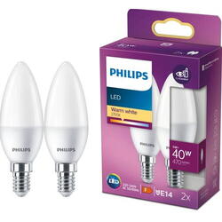 Pachet 2 becuri LED Philips B35, tip lumanare/lustra, EyeComfort, E14, 5W (40W), 407 lm, lumina alba calda (2700K)