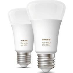 Pachet 2 becuri LED RGB inteligente Philips Hue A60, Bluetooth, Zigbee, E27, 9W (60W), 806 lm, lumina colorata