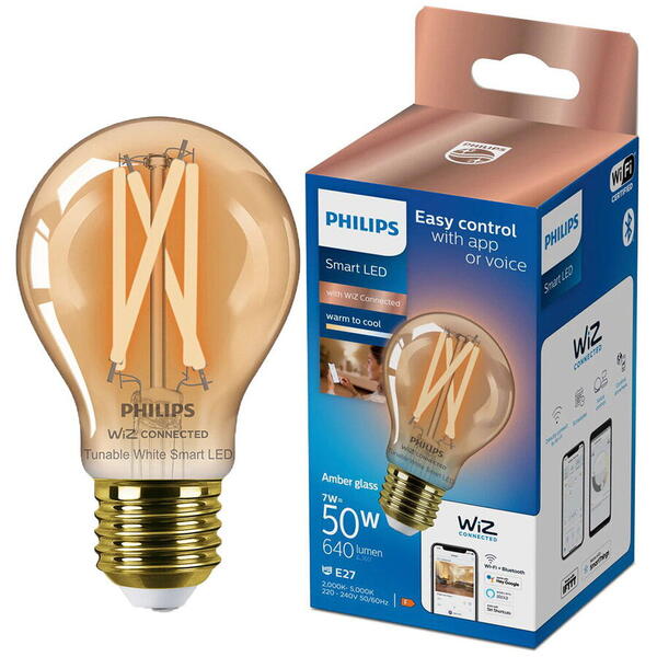 Bec LED inteligent vintage Philips filament chihlimbariu, Wi-Fi, Bluetooth, A60
