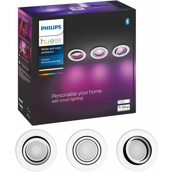Pachet 3 spoturi incastrate LED RGB inteligente Philips Hue Centura, Bluetooth, GU10