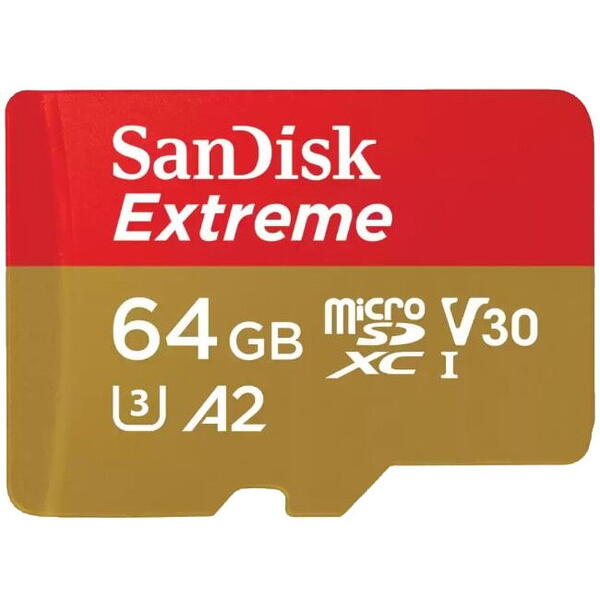 Card de memorie SanDisk Extreme microSDXC 64GB, pana la 170MB/s & 80MB/s Read/Write speeds A2 C10 V30 UHS-I U3 + SD Adapter