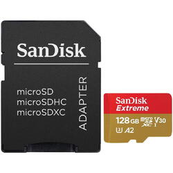 Card de memorie SanDisk Extreme microSDXC 128GB, pana la 190MB/s & 90MB/s Read/Write speeds A2 C10 V30 UHS-I U3+ SD Adapter