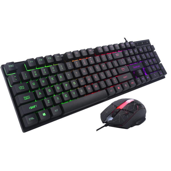 Kit gaming tastatura si mouse Spacer SP-GK-01, Iluminare RGB, Negru
