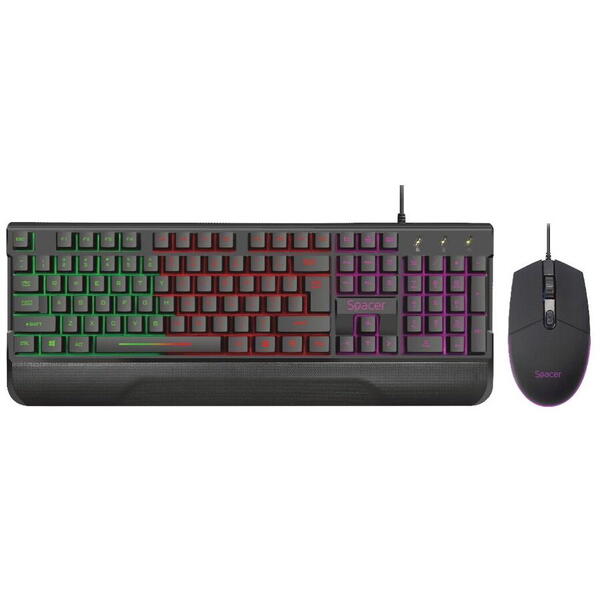Kit Gaming SPACER USB SPGK-INVICTUS , tastatura Iluminare RGB rainbow si mouse optic 3200 dpi iluminare 7 culori, Negru