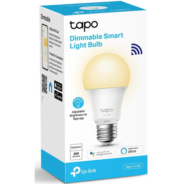 Bec LED inteligent TP-Link Tapo L510E, Wi-Fi, E27, 8.7W (60W), lumina calda (2700K), compatibil Amazon Alexa si Google Assistant