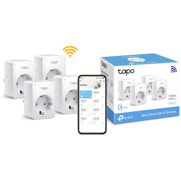 Pachet 4 prize inteligente TP-Link Mini Tapo P100, Wi-Fi, control vocal, 10A, compatibil Android/iOS, Amazon Alexa si Google Assistant, 220-240V, Alb