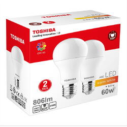 Set 2 Bec LED Toshiba, E27, 8.5W, 806 lm, lumina calda