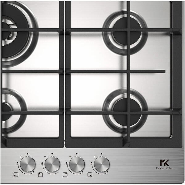 Plita incorporabila Master Kitchen MKHG 6031ED-TCXS, Gaz, 4 arzatoare, Gratare fonta, Arzator wok, Aprindere electrica integrata, Sistem siguranta, 60 cm, Inox