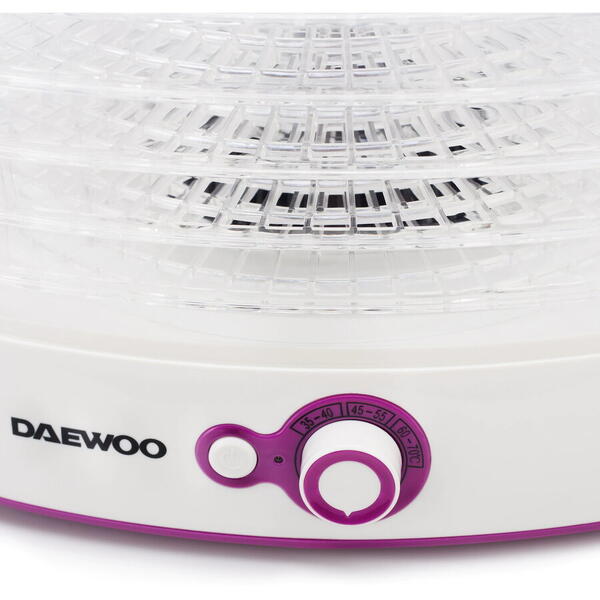 Deshidrator de alimente Daewoo DD450W, 500 W, 5 tavi, 35-70°C, Ventilator integrat, Alb/Violet