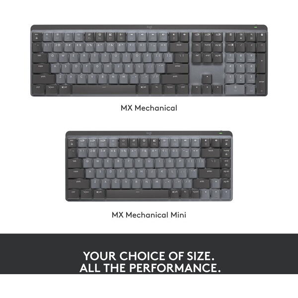 Tastatura Wireless Logitech MX Mechanical Perfomance Mini, Iluminata, Silentioasa, USB, BT, US INT, Negru