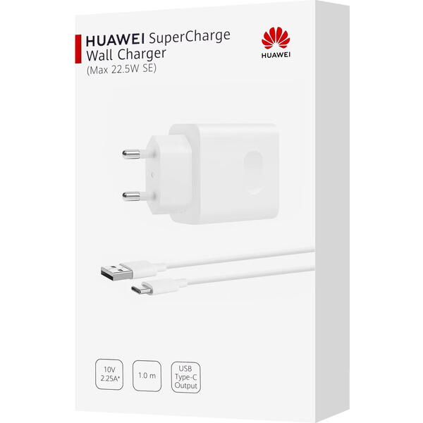 Incarcator retea Huawei cu cablu USB Tip-C, CP404B, SuperCharge, 1 X USB, 22.5W, Alb