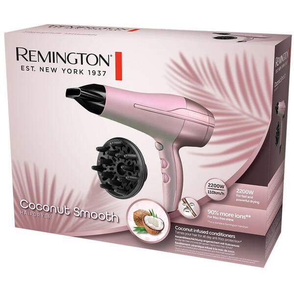 Uscator de par Remington Coconut Smooth D5901, 2200 W, Microparticule cocos, Ionizare, Roz