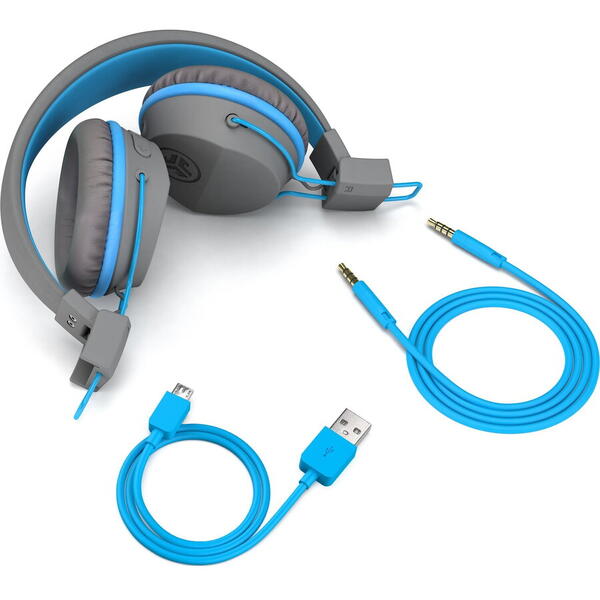Casti on-ear JLAB JBuddies Studio Kids Wireless, Bluetooth, pentru copii, Graphit / Albastru