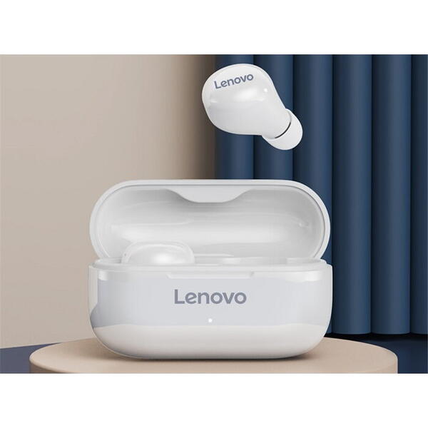 Căști bluetooth  Stereo Lenovo LP11, v5.0, TWS, microfon + carcasă de încărcare, Sport, alb