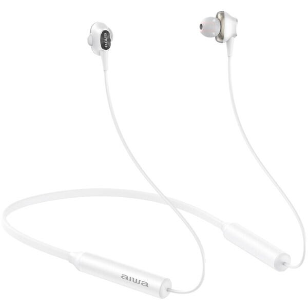 Casti audio wireless Aiwa ESTBT-450, Bluetooth 5.0, in ear, cu banda pentru gat, Alb