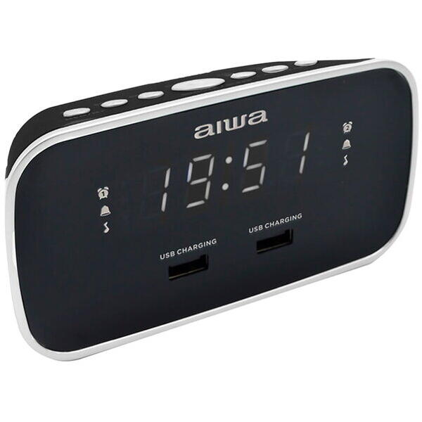 Radio Cu ceas si Alarma Aiwa, CRU-19BK, 2 Porturi USB, Negru/Gri