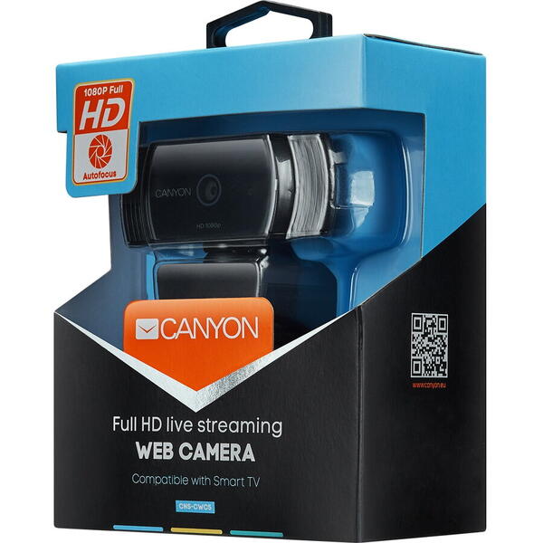 Web camera Canyon CNS-CWC5, full HD, 2 Megapixeli, autofocus, rotire 360°, cablu 2m, USB2.0, Negru