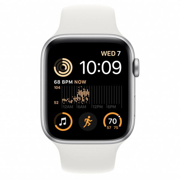 Apple Watch SE 2 (2022), GPS, Carcasa Silver Aluminium 44mm, White Sport Band