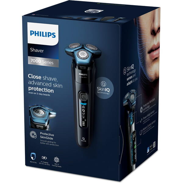 Aparat de ras Philips Shaver Seria 7000 S7783/59, barbierit umed si uscat, fara fir, tehnologie SkinIQ, barbierit personalizat prin conectare la aplicatie, conectivitate Bluetooth, capete flexibile 360°, 60 min, toc de transport, Negru